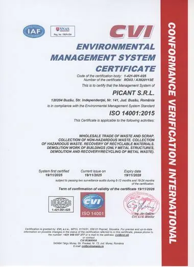 Certificate ISO 14001:2015, in English