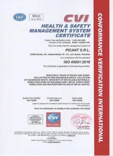 Certificate ISO 45001:2018, in English