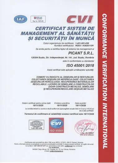 Certificat ISO 45001:2018, în limba română