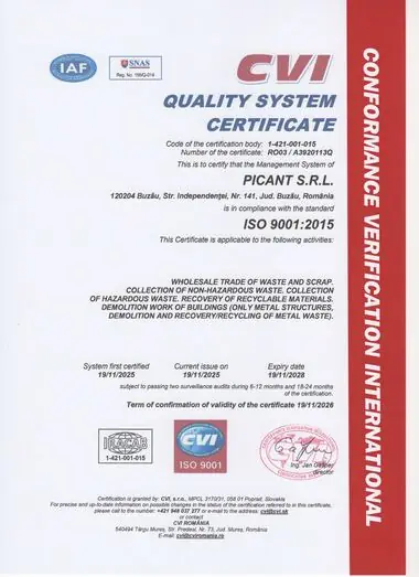 Certificate ISO 9001:2015, in English