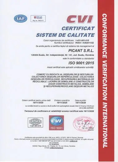 Certificat ISO 9001:2015, în limba română